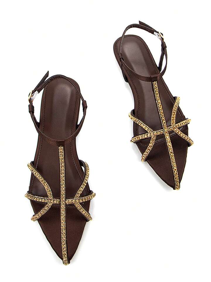 CM-SHS491459 Women Trendy Seoul Style Thin Strap Rhinestone Hollow Out Decor Satin Pointed Toe Ankle Strap Flats