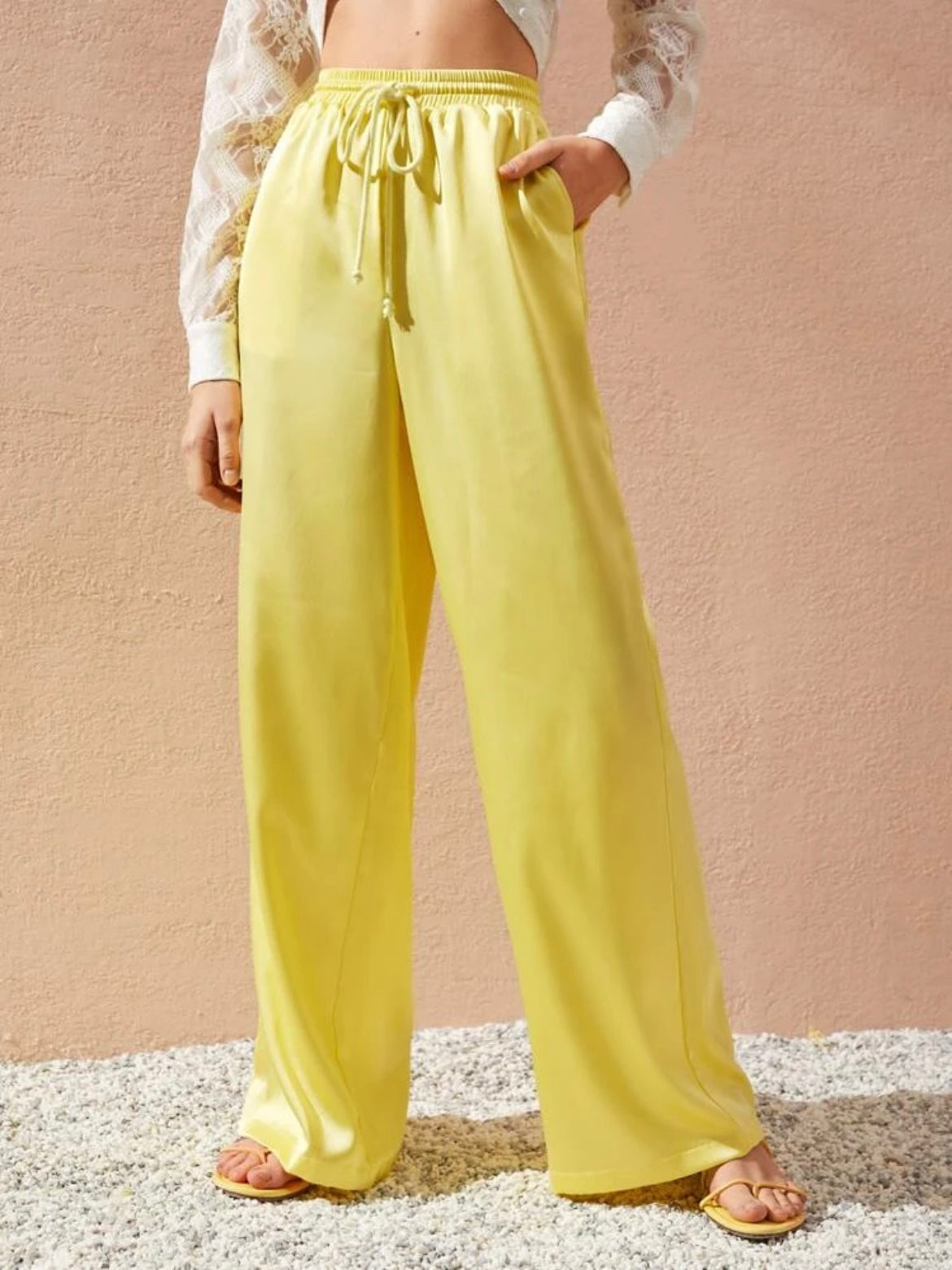 CM-BS349899 Women Trendy Bohemian Style Drawstring Waist Slant Pocket Satin Pants - Yellow