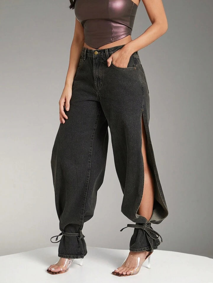CM-BS422202 Women Casual Seoul Style Side Slit Tie High Waist Wide Leg Denim Jeans