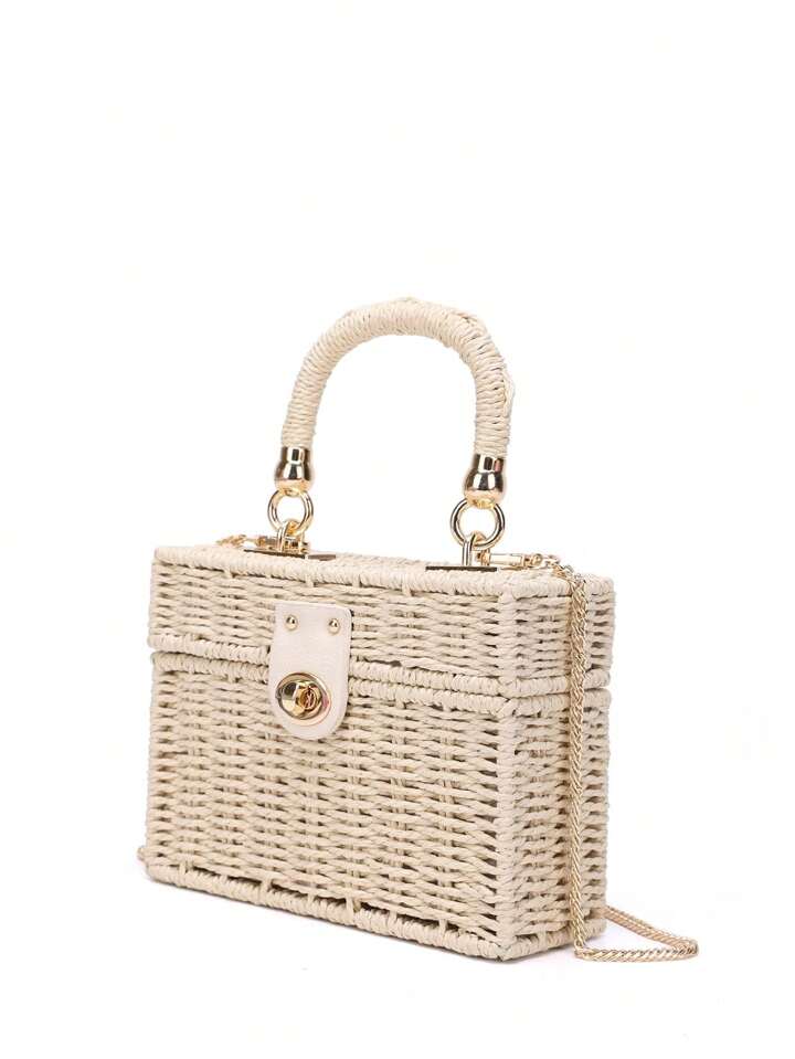 CM-BGS698559 Women Trendy Seoul Style Minimalist Twist Lock Flap Straw Bag - Beige