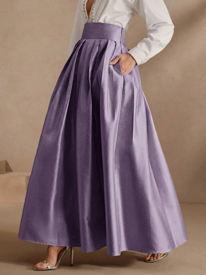 CM-BS934212 Women Elegant Seoul Style High Waisted Puff Pleated Long Skirt - Purple
