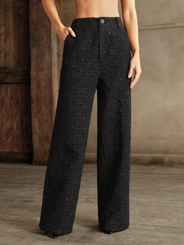 CM-BS522392 Women Elegant Seoul Style Minimalist Textured Wide Leg Pants - Black