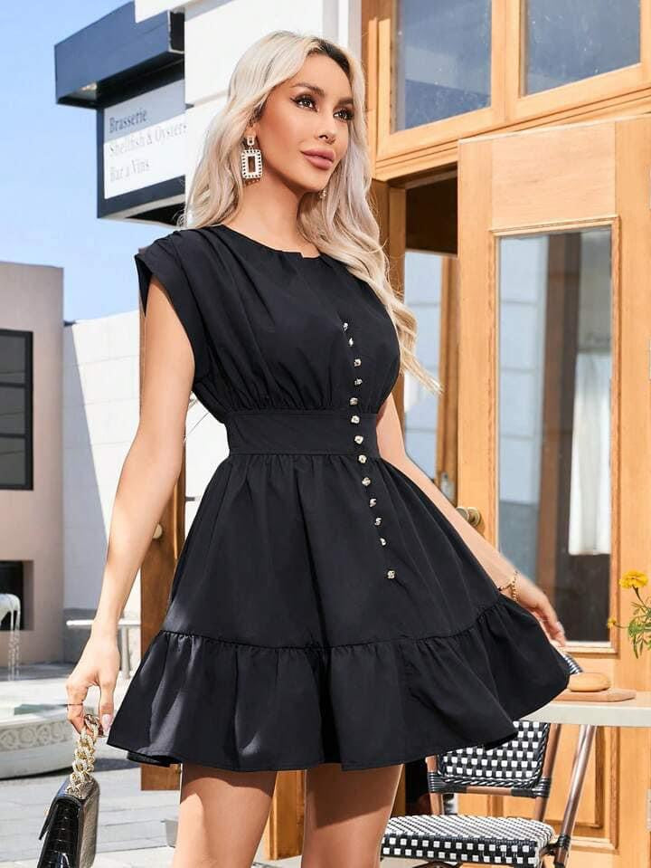 CM-DS595051 Women Casual Seoul Style Button Front Short Sleeve Waist Tie Mini Dress - Black