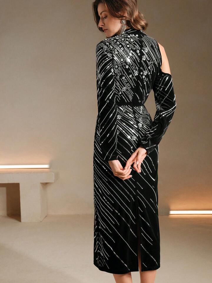 CM-DS045644 Women Elegant Seoul Style Stand Collar Off Shoulder Long Sleeve Fitted Sequin Embellished Dress