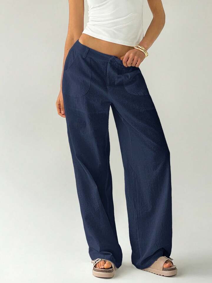 CM-BS787739 Women Casual Seoul Style Solid Color Low Waist Loose Straight Leg Pants - Navy Blue