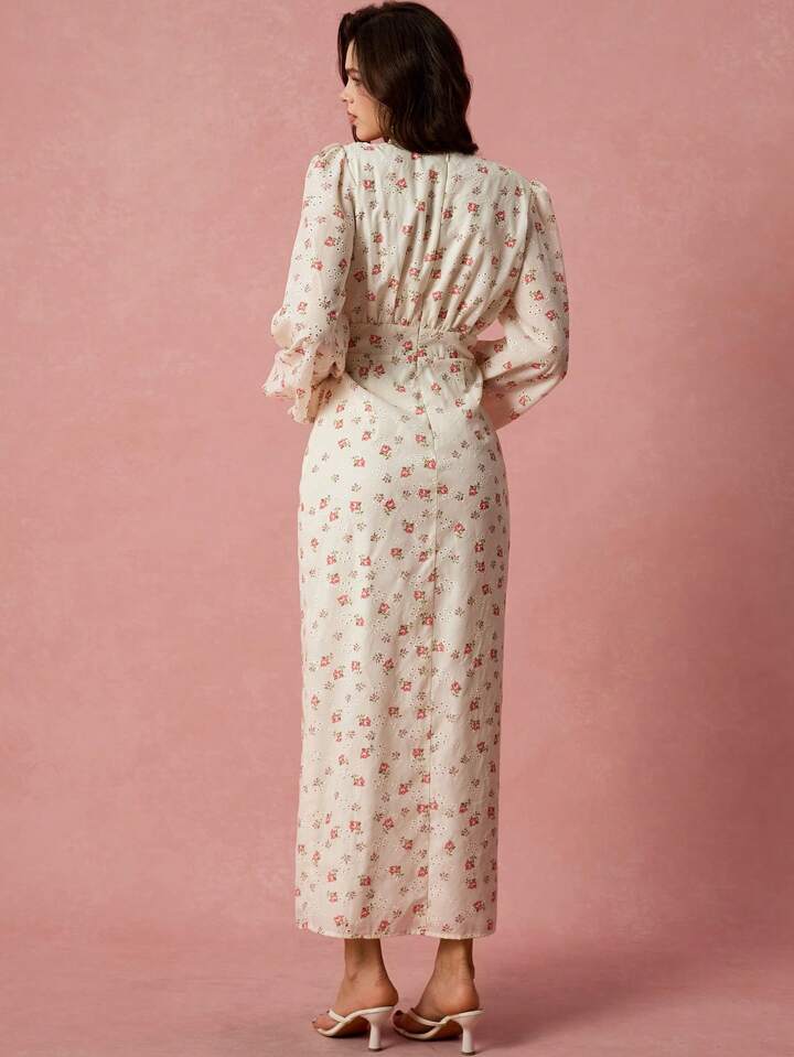 CM-DS269695 Women Elegant Seoul Style Floral Print Hollow Embroidery V-Neck Lantern Sleeve High Slit Maxi Dress