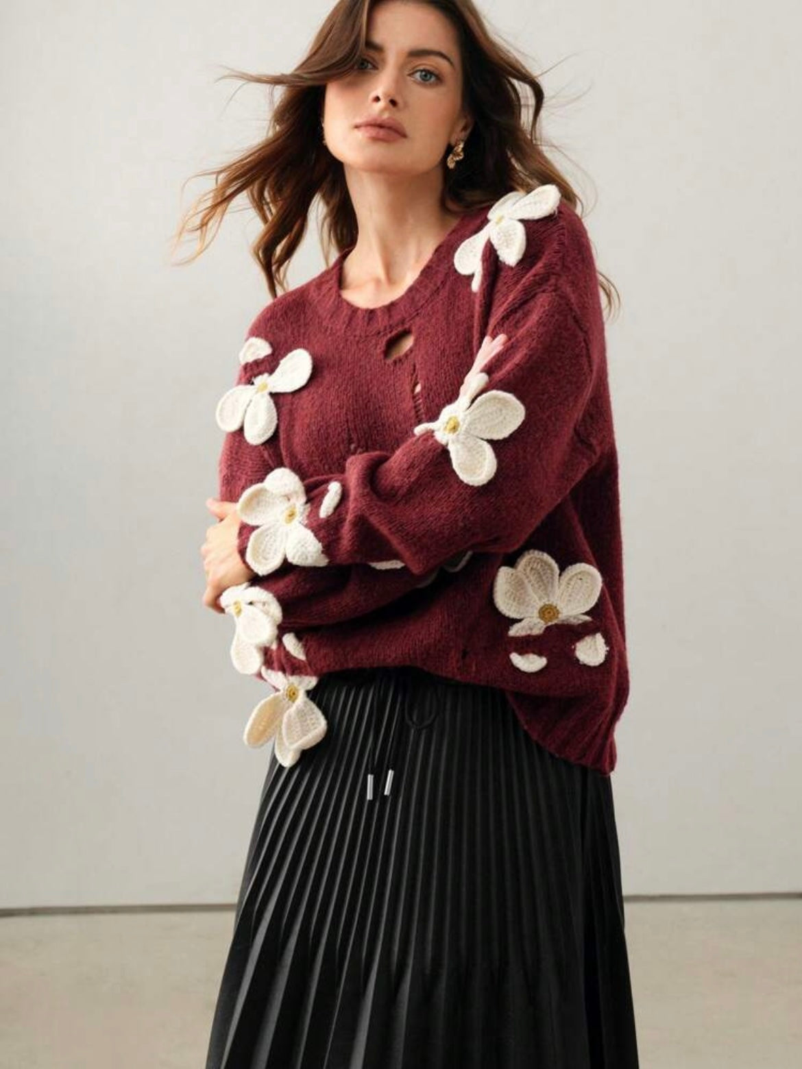 CM-CS771282 Women Casual Seoul Style Round Neck Crochet 3D Floral Long Sleeve Knitted Sweater