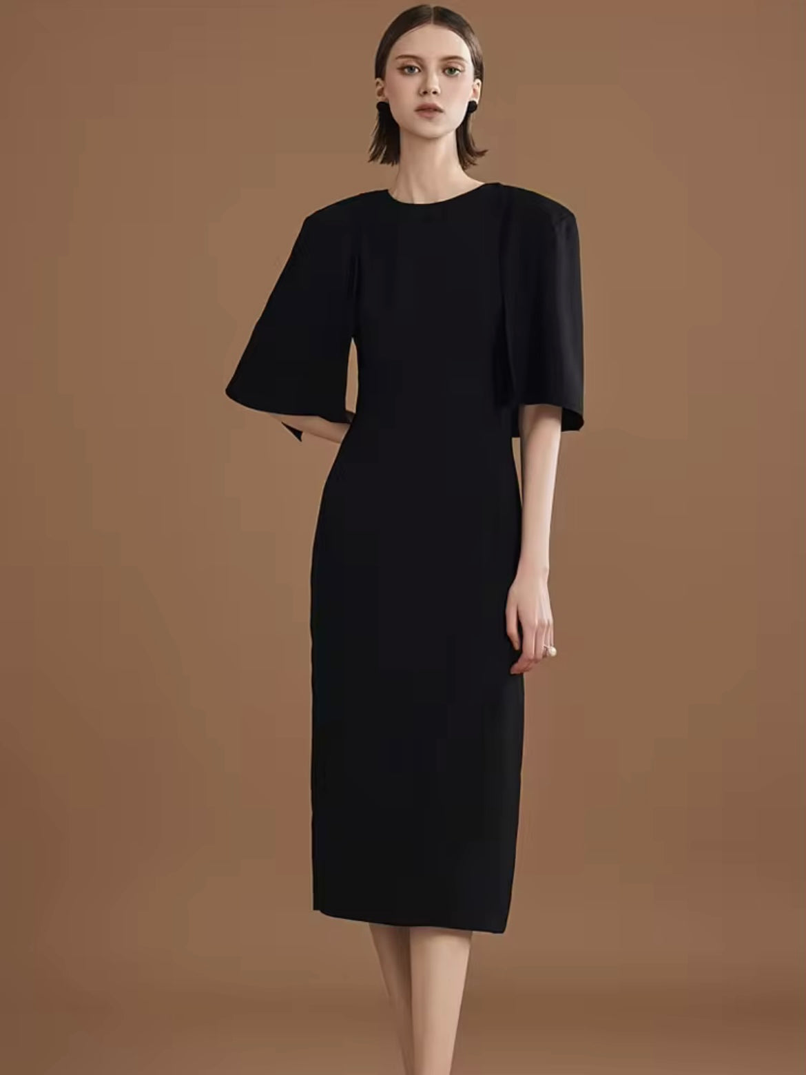 CM-DY014587 Women Elegant European Style Round Nexk Lotus Sleeve Midi Dress (Available in 2 colors)