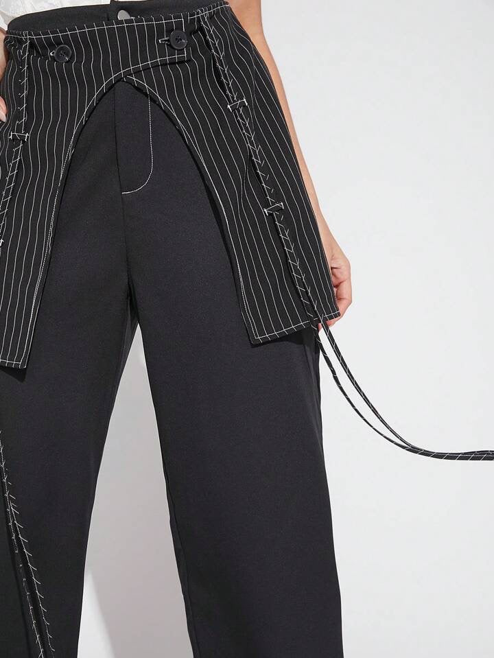 CM-BS520244 Women Casual Seoul Style Pinstripe Overlay Wide Leg Pants - Black