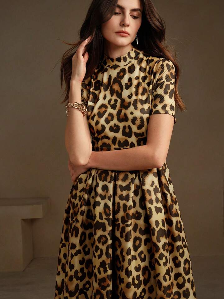 CM-DS457520 Women Elegant Seoul Style Leopard Print Stand Collar Short Sleeve Midi Dress - Coffee