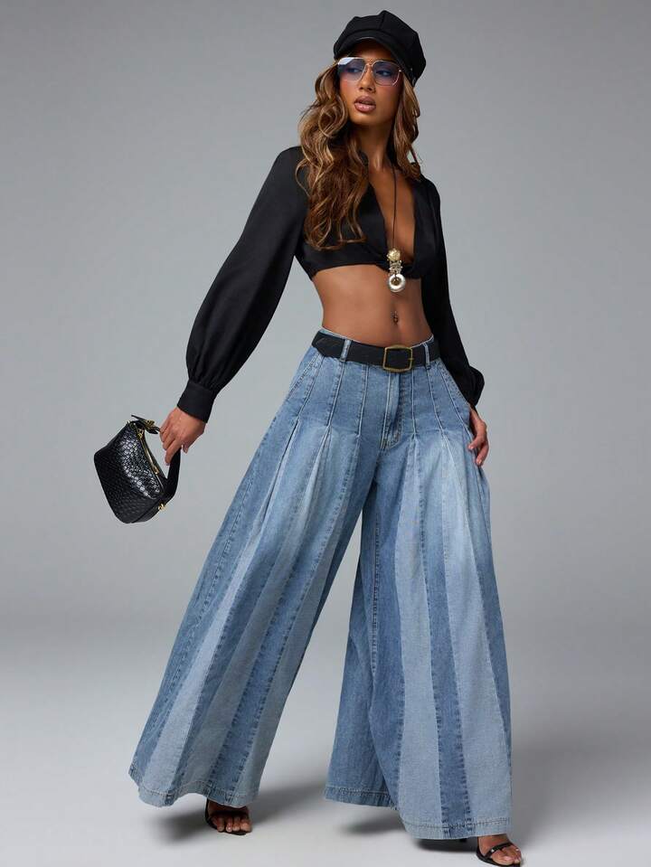 CM-BS851606 Women Casual Seoul Style Medium Wash Two Tone Color Block Wide Leg Flowy Baggy Jeans