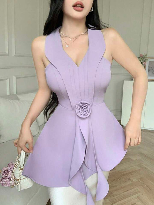 CM-TS947712 Women Elegant Seoul Style Solid Color 3D Floral Decor Shawl Collar Sleeveless Blouse - Mauve Purple