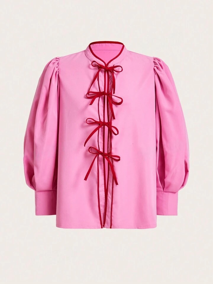 CM-TS326284 Women Elegnat Seoul Style Stand Collar Lantern Sleeve Bow Tie Ribbon Blouse - Pink