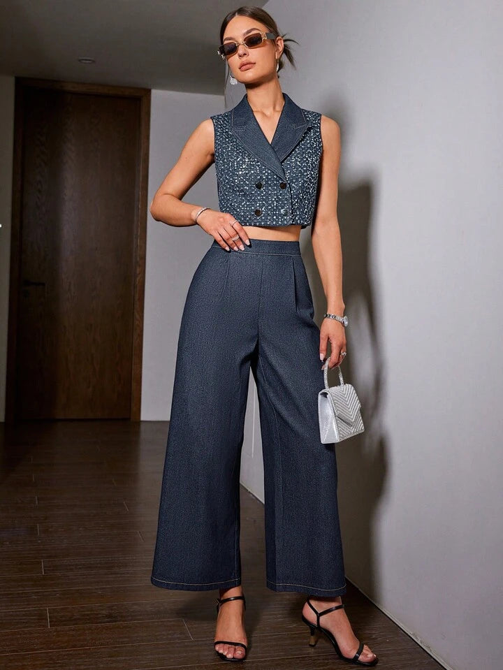 CM-SS203506 Women Elegant Seoul Style Sparkly Patchwork Double-Breasted Sleeveless Top With Pants - Set