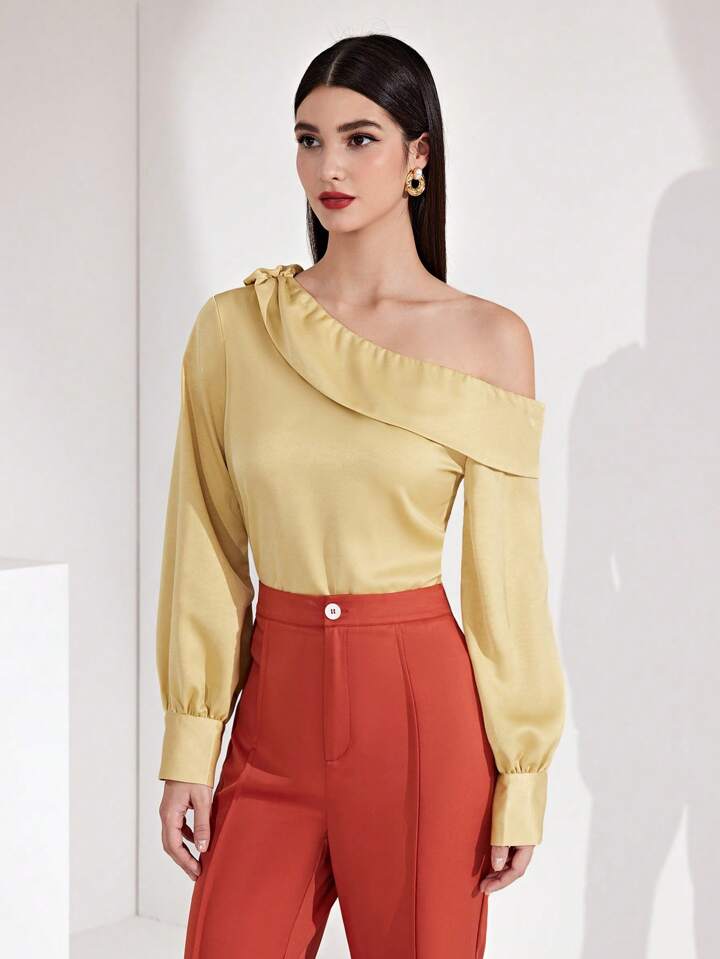 CM-TS672724 Women Casual Seoul Style Asymmetrical Collar Neckline Long Sleeve Shirt