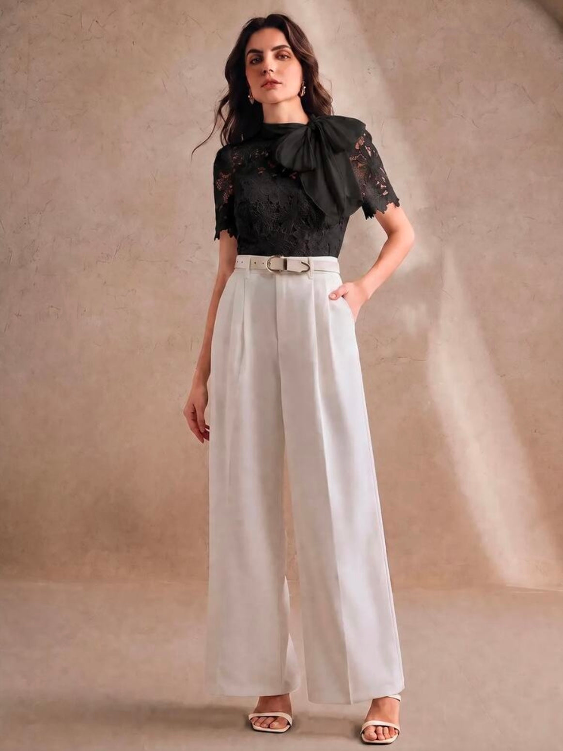 CM-TS468347 Women Elegant Seoul Style Tie Neck Puff Sleeve Hollow Lace Bowknot Blouse - Black