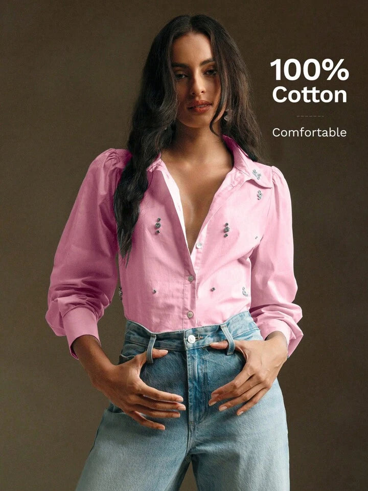 CM-TS514874 Women Elegant Seoul Style Long Sleeve Rhinestone Button Blouse - Pink