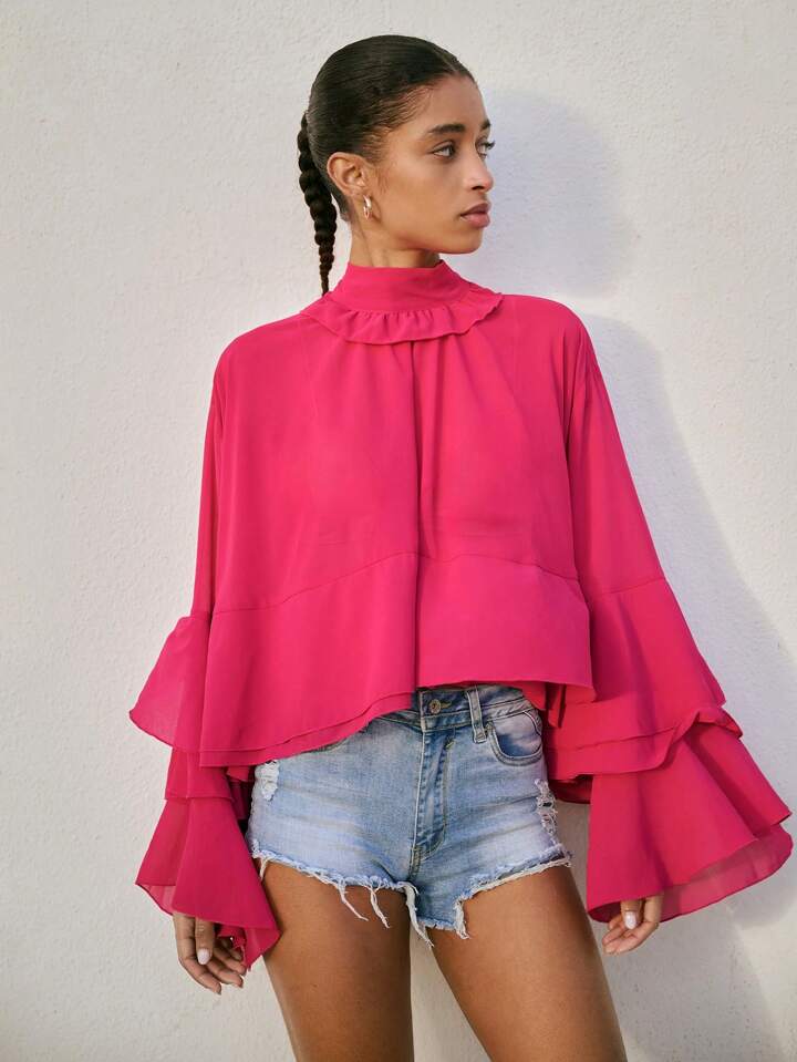 CM-TS583554 Women Trendy Bohemian Style Stand Collar Loose Fit Ruffle Trim Long Sleeve Shirt - Hot Pink