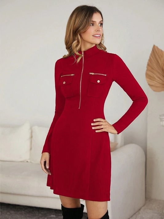 CM-DS287055 Women Elegant Seoul Style Stand Collar Zip Front Flap Pocket Dress - Red