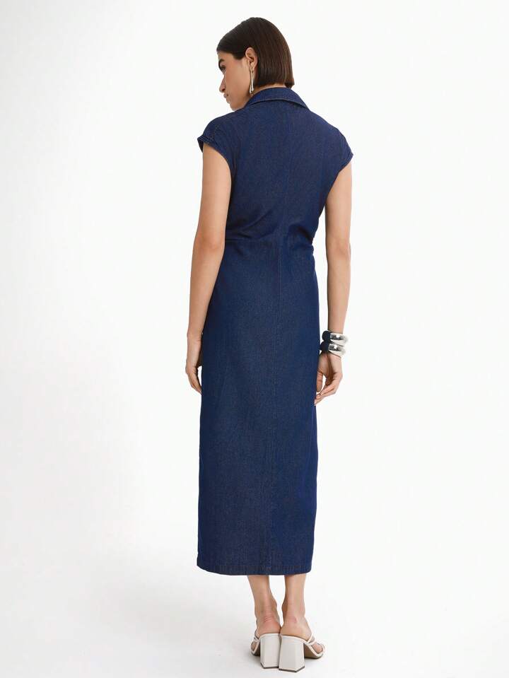 CM-DS021713 Women Casual Seoul Style Dark Wash Collar Neckline Sleeveless Lapel Straight Denim Dress