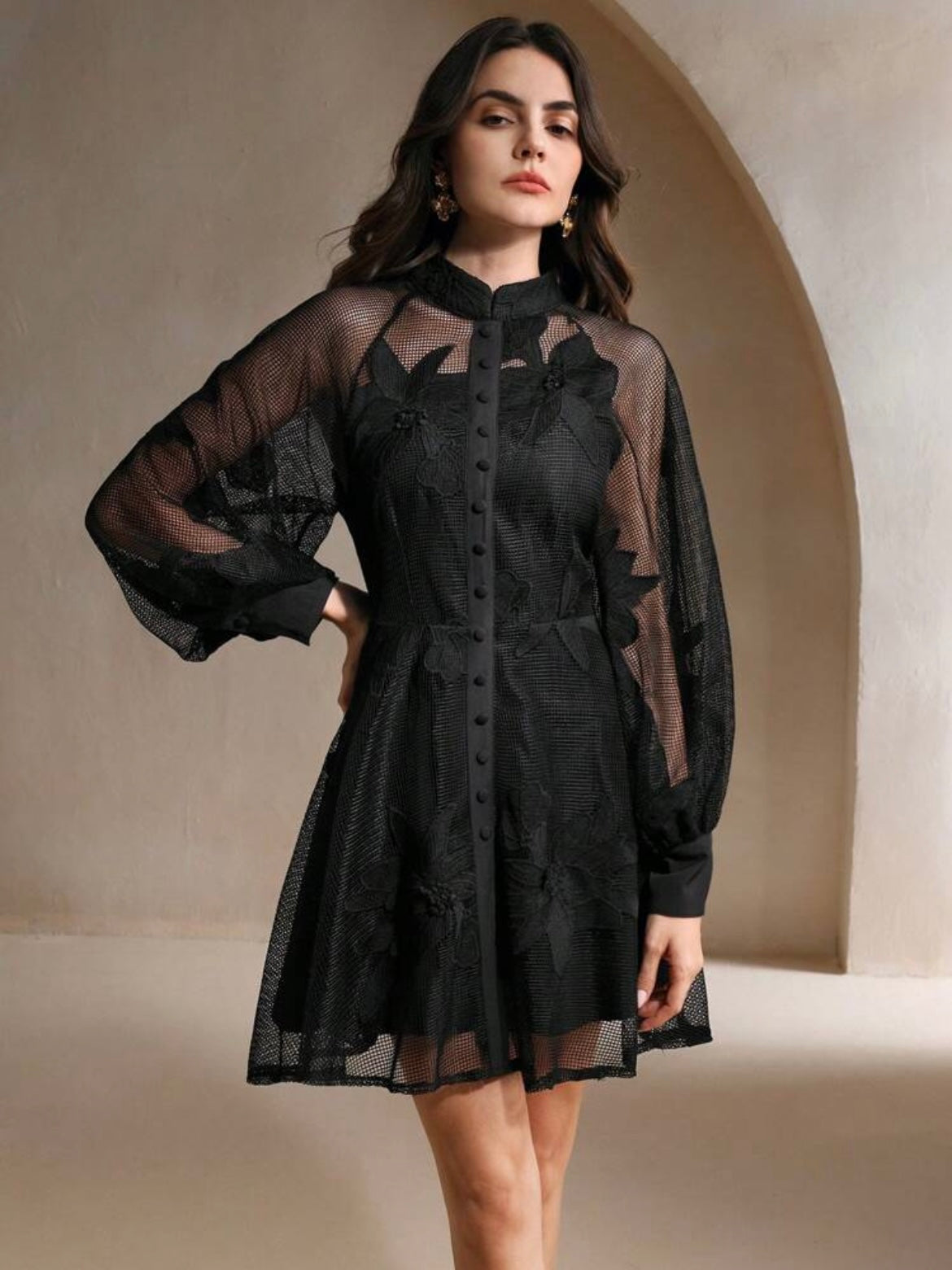 CM-DS524415 Women Elegant Seoul Style Collar Neckline Lace Cinched Waist Lantern Sleeve Dress - Black