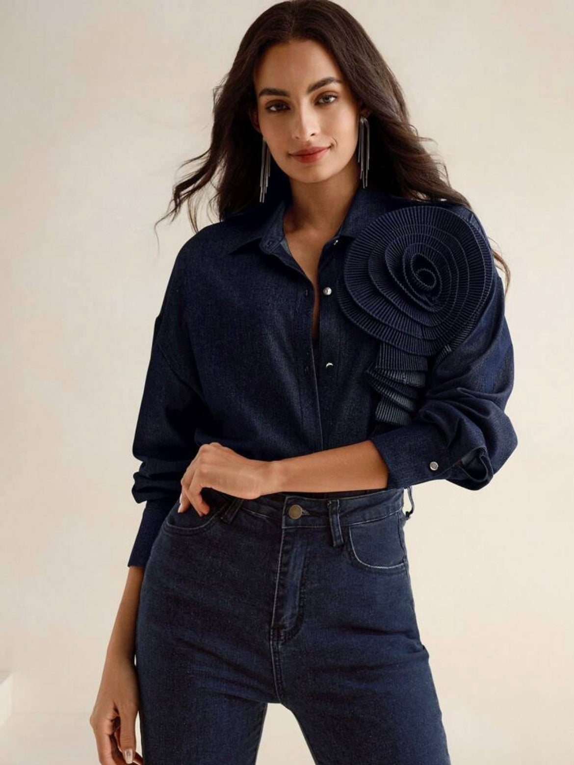 CM-TS053019 Women Elegant Seoul Style Drop Shoulder Collared Pleated 3D Floral Denim Blouse