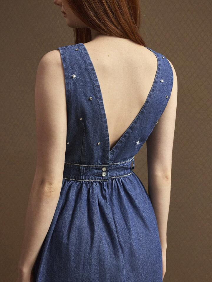 CM-DS211413 Women Casual Seoul Style Deep V-Neck Spaghetti Strap High Waist Denim Dress - Blue