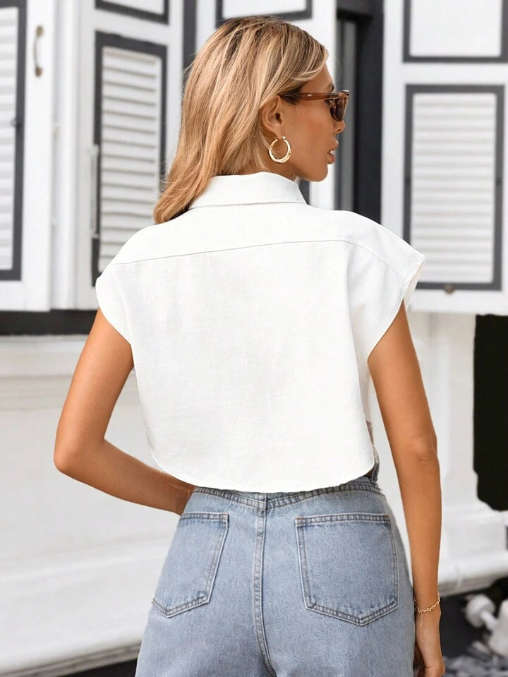 CM-TS018788 Women Casual Seoul Style Solid Color Flap Pockets Cropped Sleeveless Shirt - White