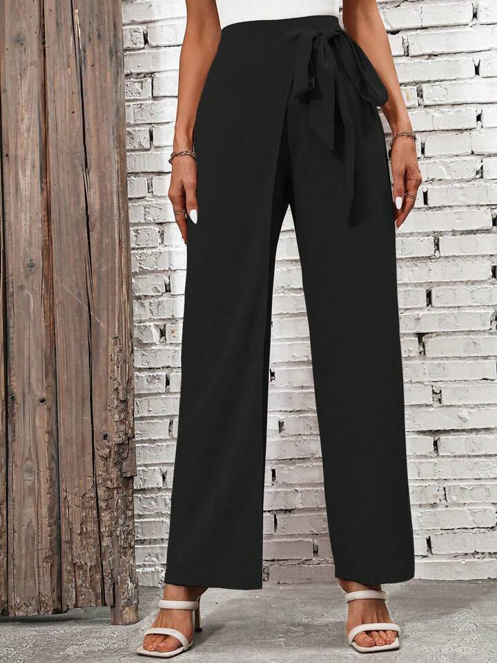 CM-BS445493 Women Casual Seoul Style High Waist Knot Side Pants - Black