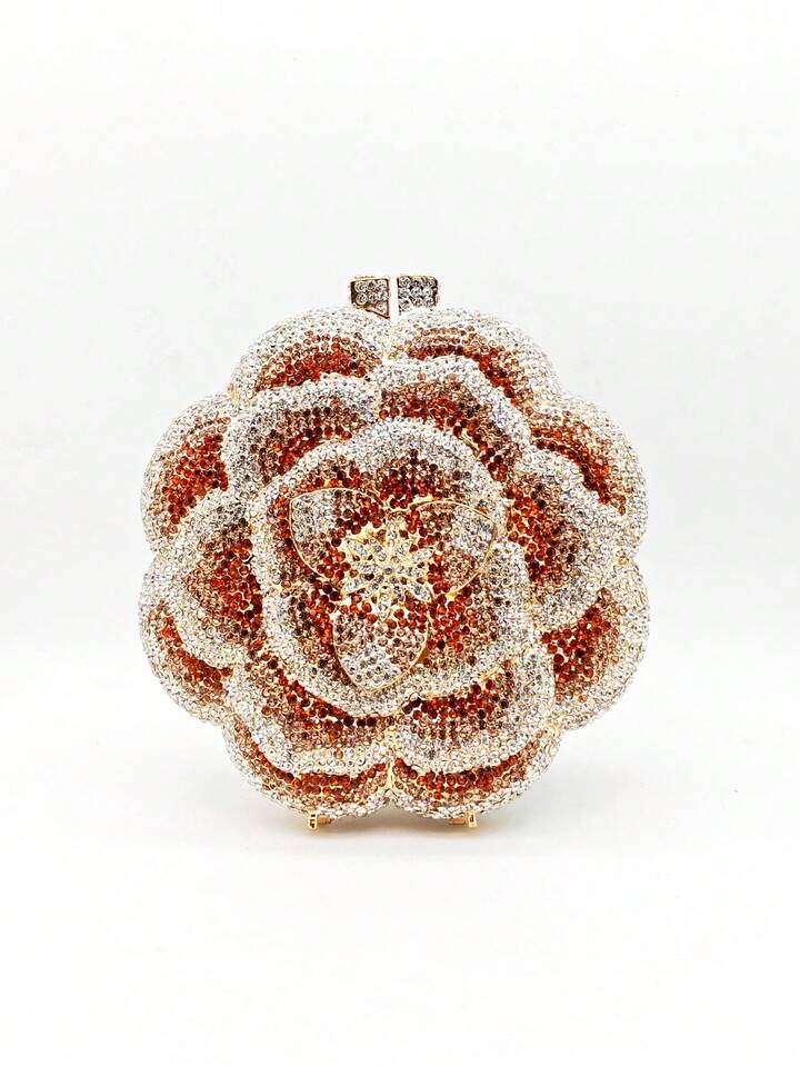 CM-BGS056004 Women Elegant Seoul Style Floral Design Rhinestone Crystal Handmade Clutch Bag - Gold