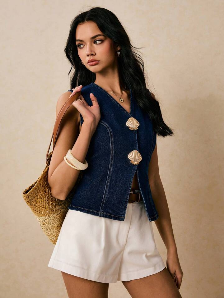 CM-TS225401 Women Casual Seoul Style Dark Wash V-Neck Sleeveless Shell Button Denim Vest Top