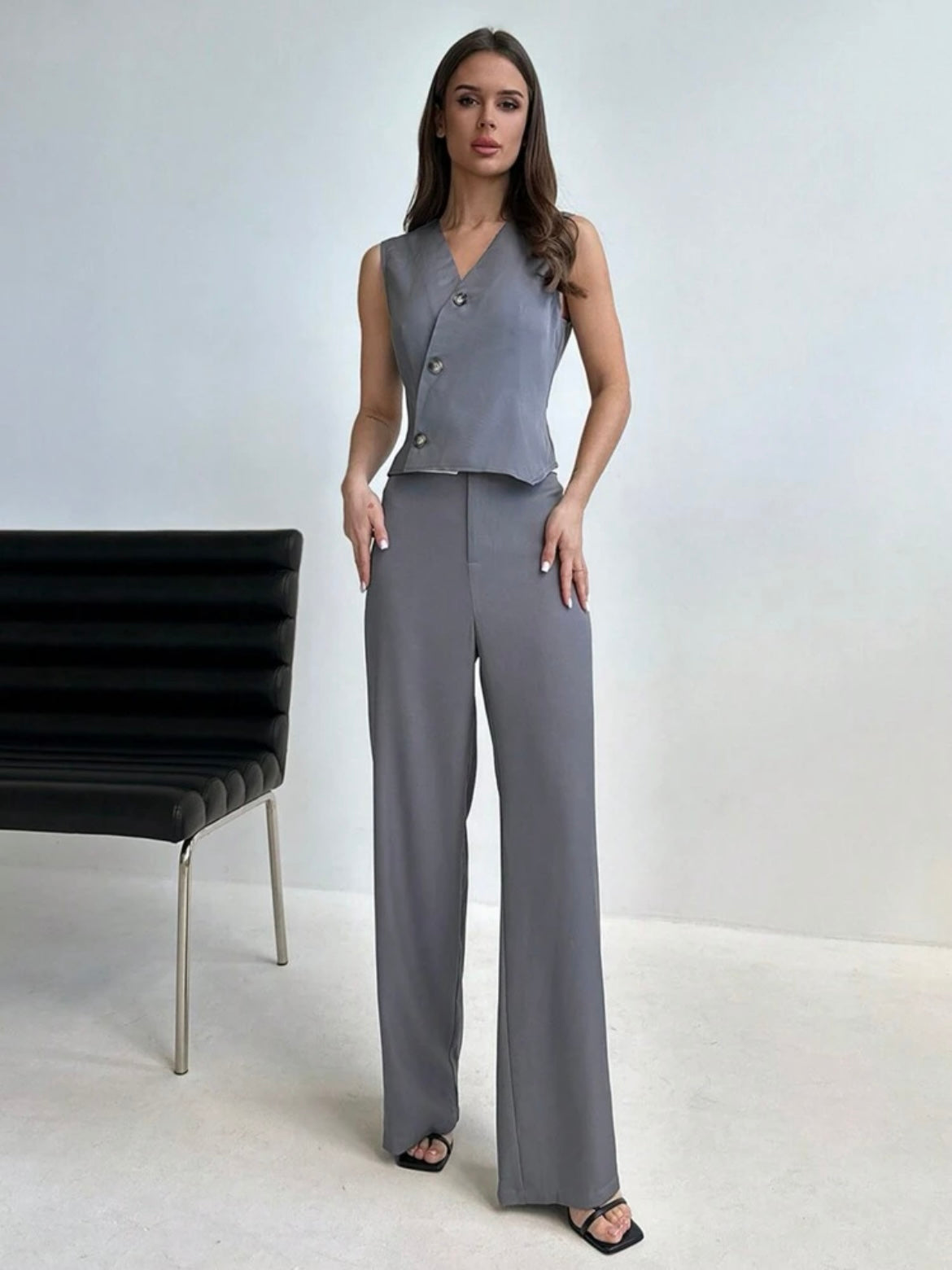 CM-SS615555 Women Elegant Seoul Style Colorblock Sleeveless Vest With Waist Belt Low Waist Long Tail Suit - Gray