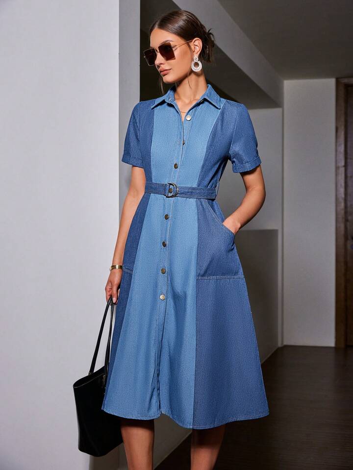 CM-DS846599 Women Elegant Seoul Style Denim-Effect Print Short Sleeve D-Ring Belted Dress - Blue