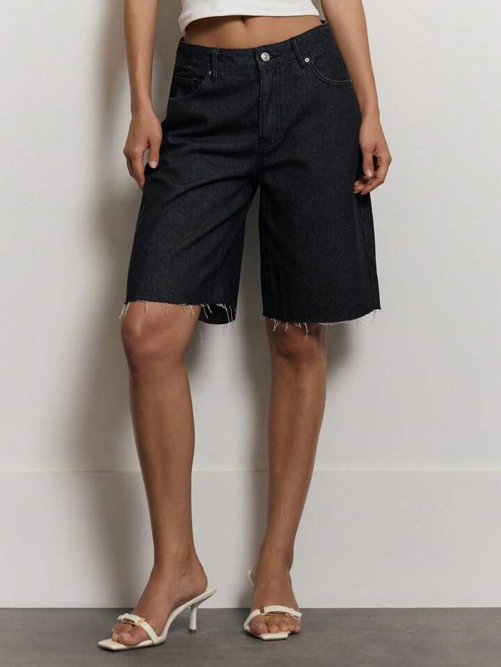 CM-BS140664 Women Casual Seoul Style Longline Dark Wash Ultra Low Waist Denim Shorts - Black
