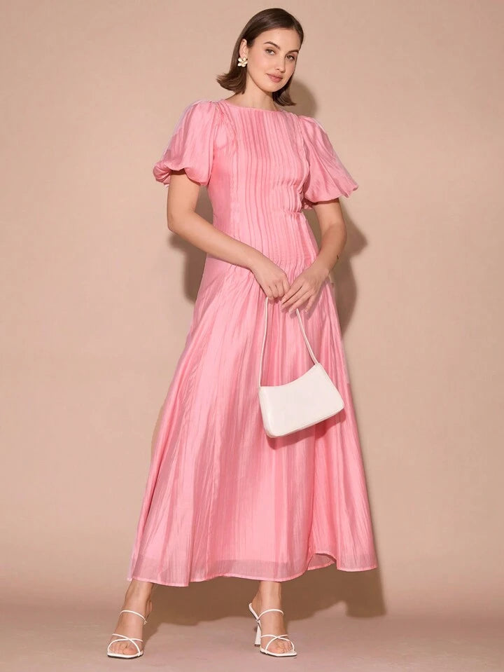 CM-DS173261 Women Elegant Seoul Style Round Neck Bubble Pleat Puff Long Sleeve Maxi Dress - Pink