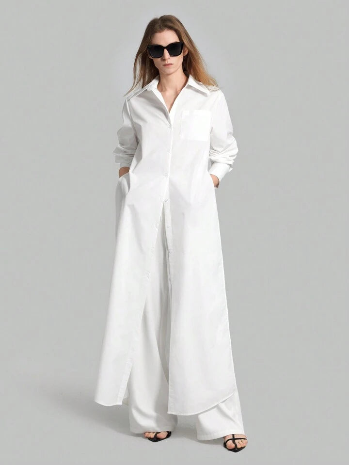 CM-TS859922 Women Casual Seoul Style Shirt Collar Long Sleeve Front Button High Slit Long Shirt - White
