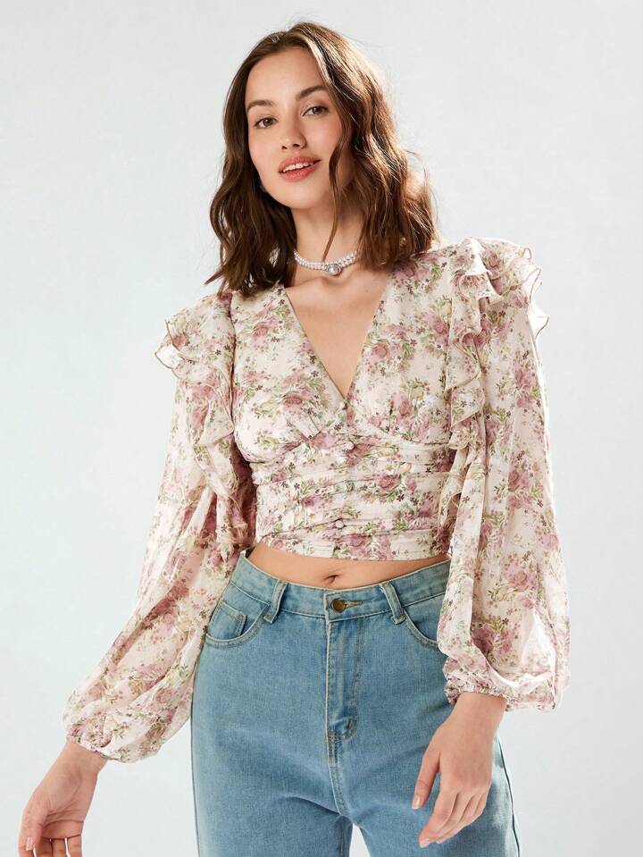 CM-TS226445 Women Casual Seoul Style Floral Print Deep V-Neck Ruffle Trim Long Sleeve Shirt