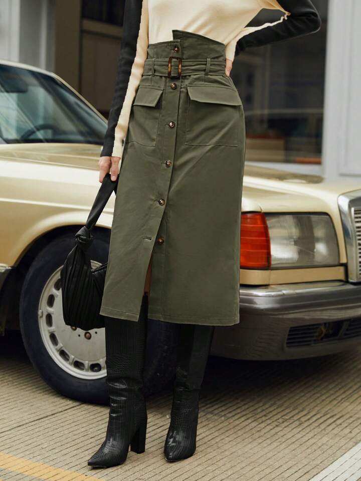 CM-BS042185 Women Casual Seoul Style Flap Pocket Button Front Belted Skirt - Army Green