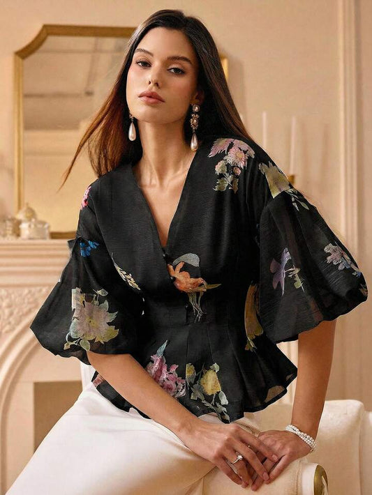 CM-TS421071 Women Elegant Seoul Style V-Neck Organza Floral Print Puff Sleeve Blouse - Black
