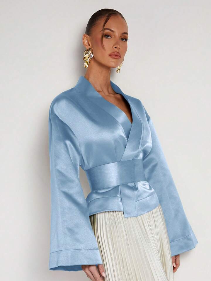 CM-TS888050 Women Elegant Seoul Style Solid Color V-Neck Wrap Flared Sleeve Blouse - Baby Blue
