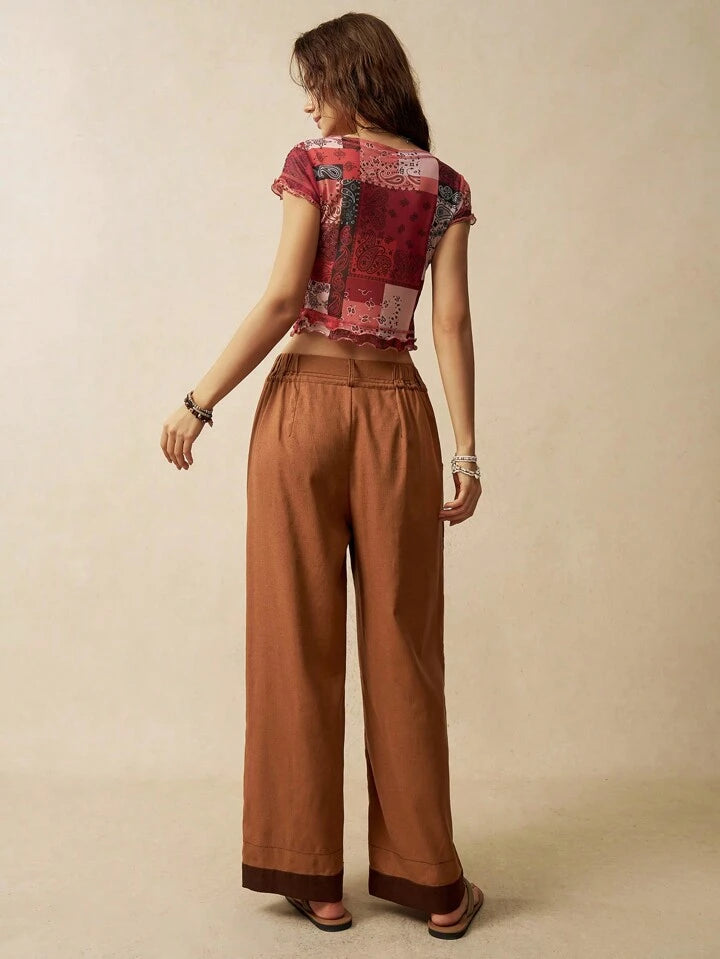 CM-BS045449 Women Trendy Bohemian Style Solid Color Drawstring Waist Long Pants - Coffee Brown