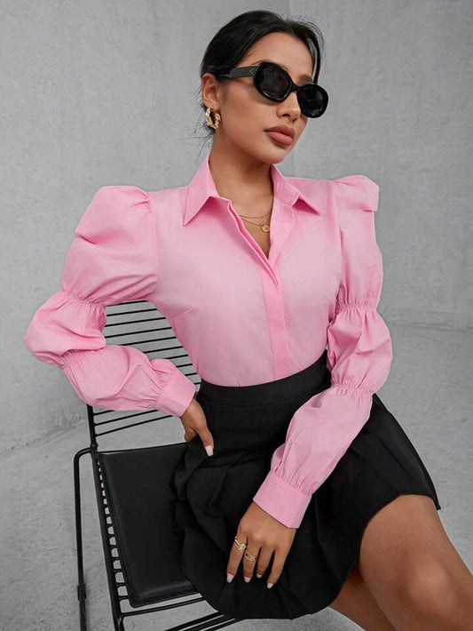 CM-TS102228 Women Casual Seoul Style Collar Neckline Lantern Sleeve Shirt - Pink