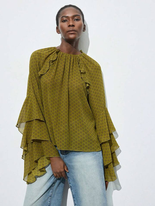 CM-TS667004 Women Elegant Seoul Style Round Neck Polka Dot Ruffle Hem Bell Sleeve Blouse - Green