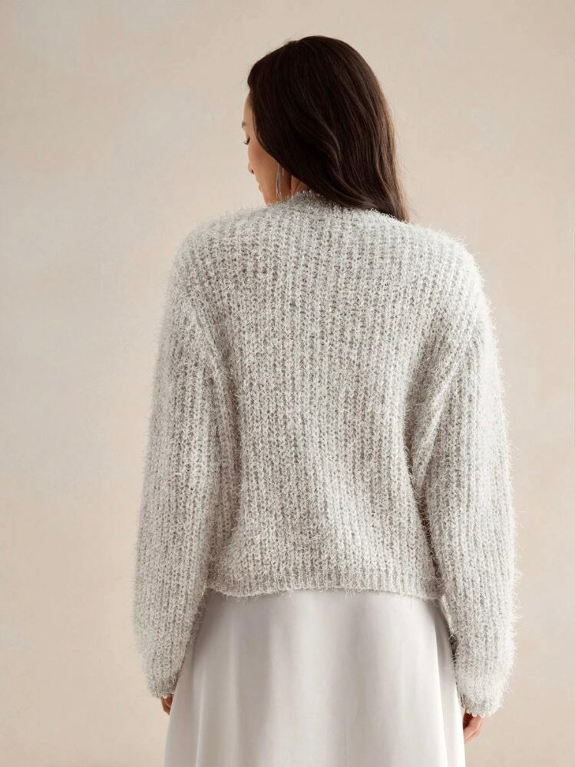 CM-CS843631 Women Elegant Seoul Style Round Neck Feather Mesh Faux Pearl Chain Knit Cardigan