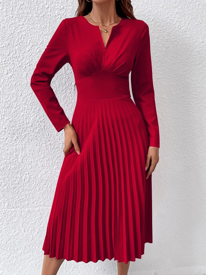 CM-DS918155 Women Elegant Seoul Style Sleeveless Notched Neckline Pleated Hem Dress - Red