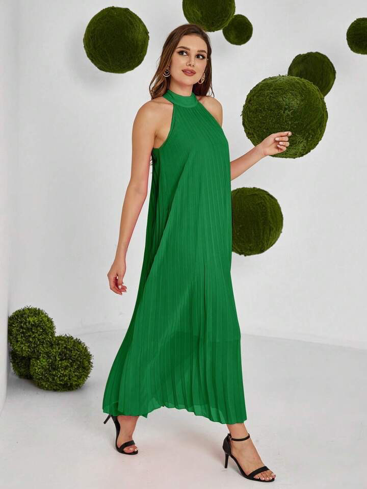 CM-DS666099 Women Casual Seoul Style Solid Color Halter Neck Sleeveless Pleated Dress - Green