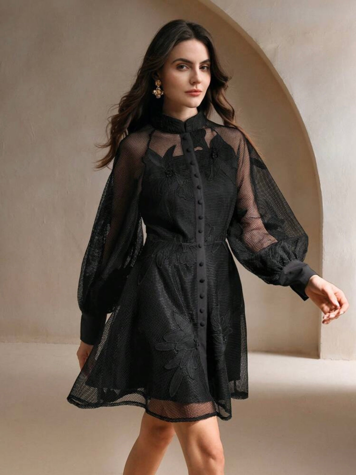 CM-DS524415 Women Elegant Seoul Style Collar Neckline Lace Cinched Waist Lantern Sleeve Dress - Black