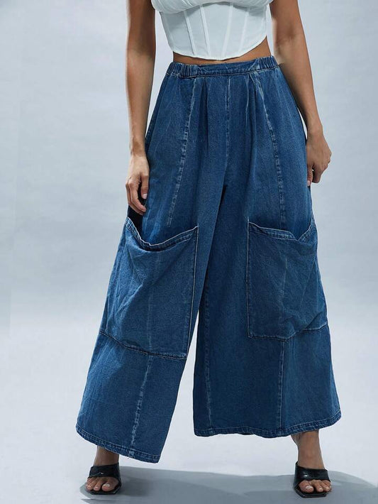CM-BS112775 Women Casual Seoul Style Dark Wash Oversized Pockets Ultra Wide Leg Jeans