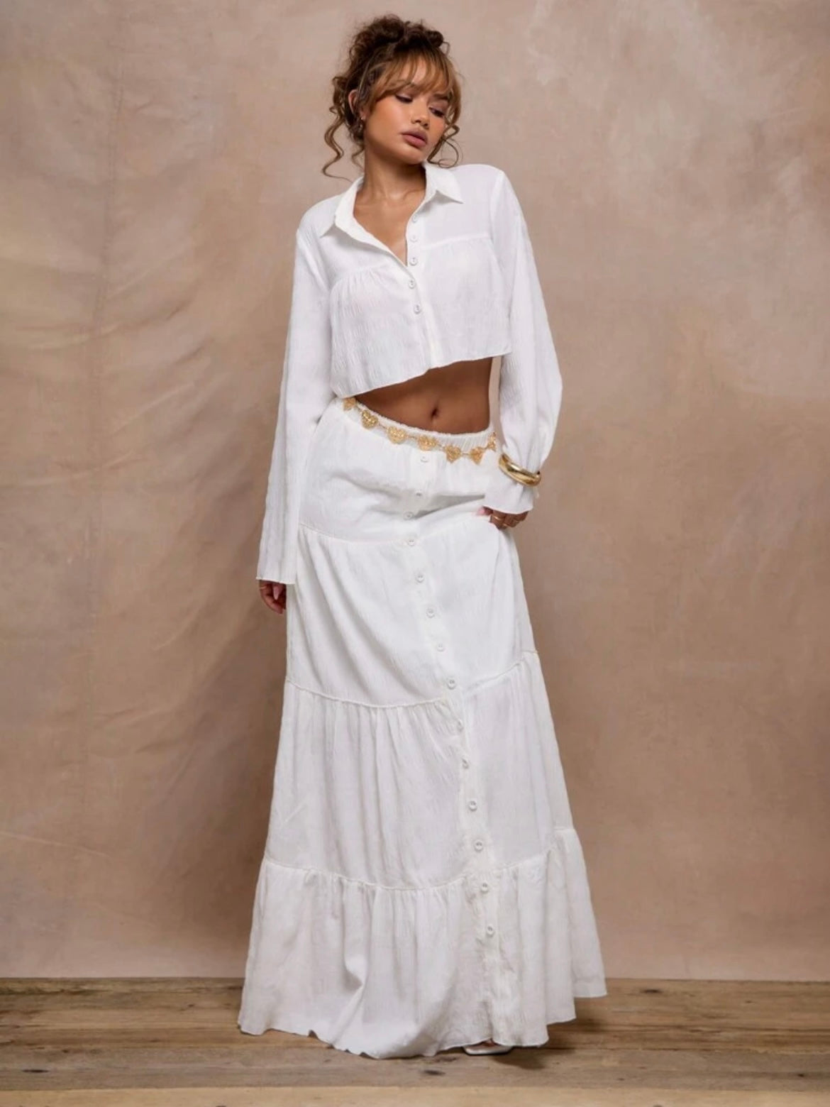 CM-BS100100 Women Trendy Bohemian Style Textured Woven Tiered Maxi Skirt - White