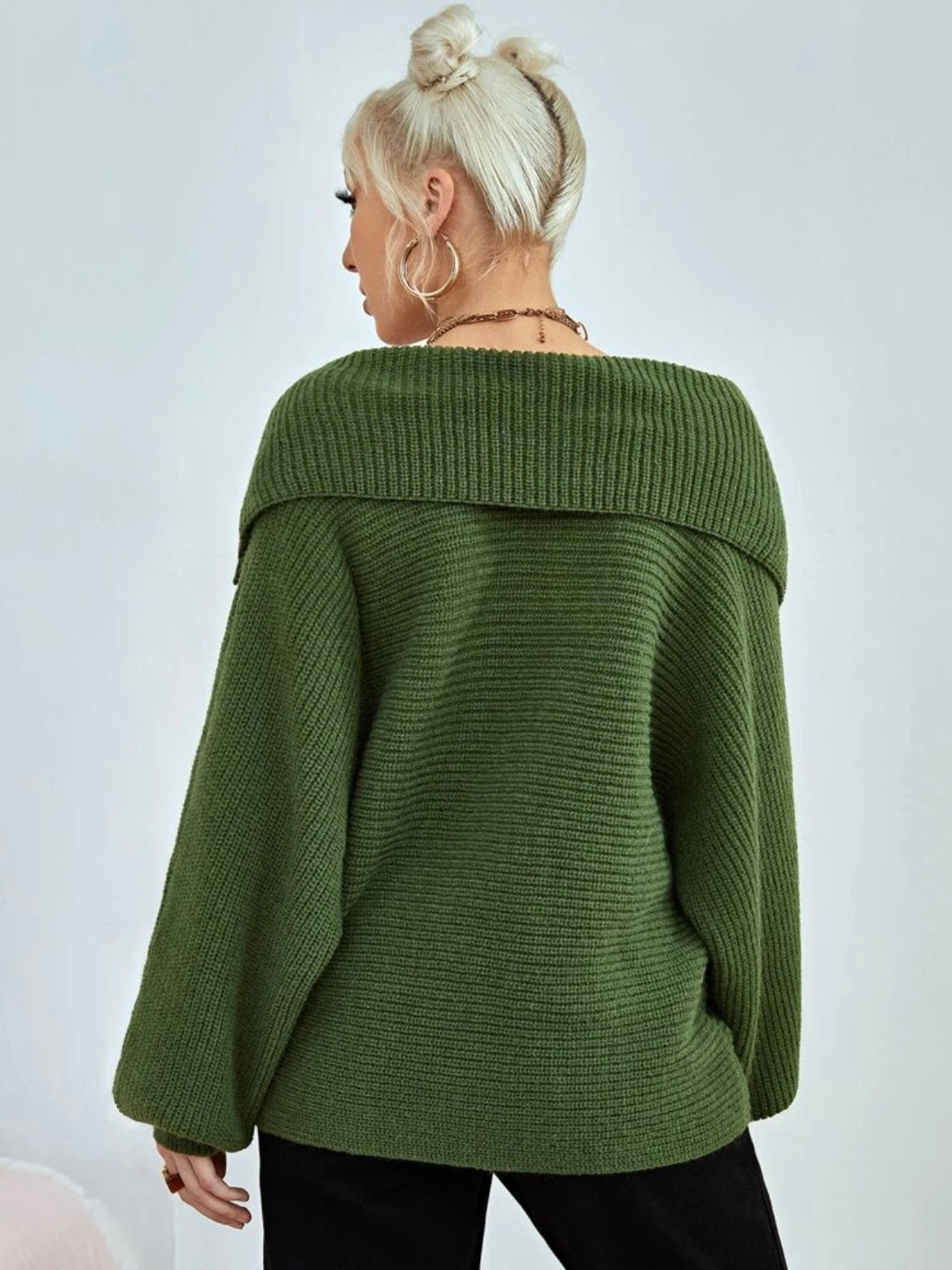 CM-CS488414 Women Casual Seoul Style Loose Fold Collared Bishop Sleeve Sweater - Dark Green